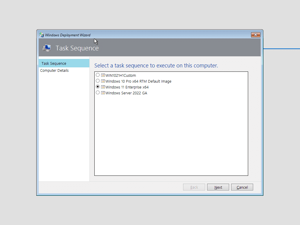 Select the Windows 11 task sequence