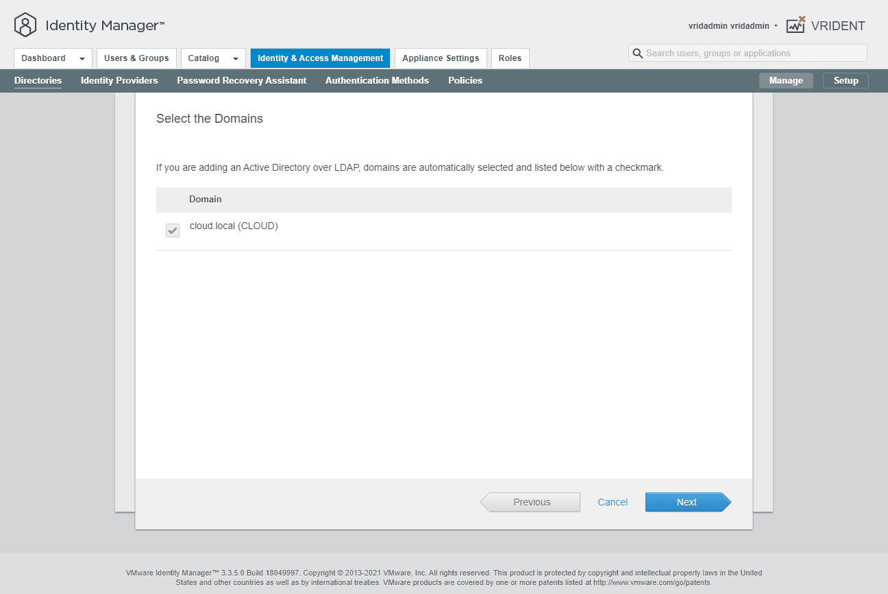 Select your domain as listed in VMware Identity Manager