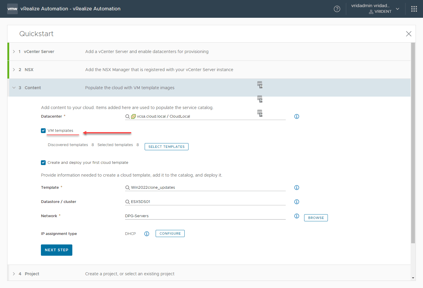 Selecting the VMware vSphere template that is the source of the new workstation