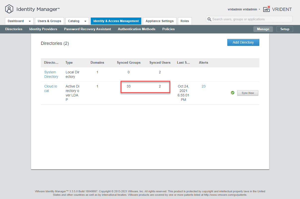 Synchronization has imported users into VMware Identity Manager