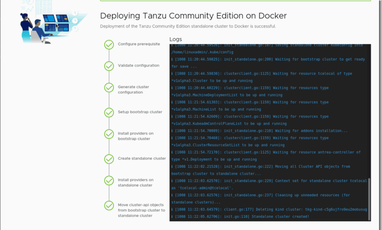 Tanzu Community Edition standalone cluster installation completes successfully