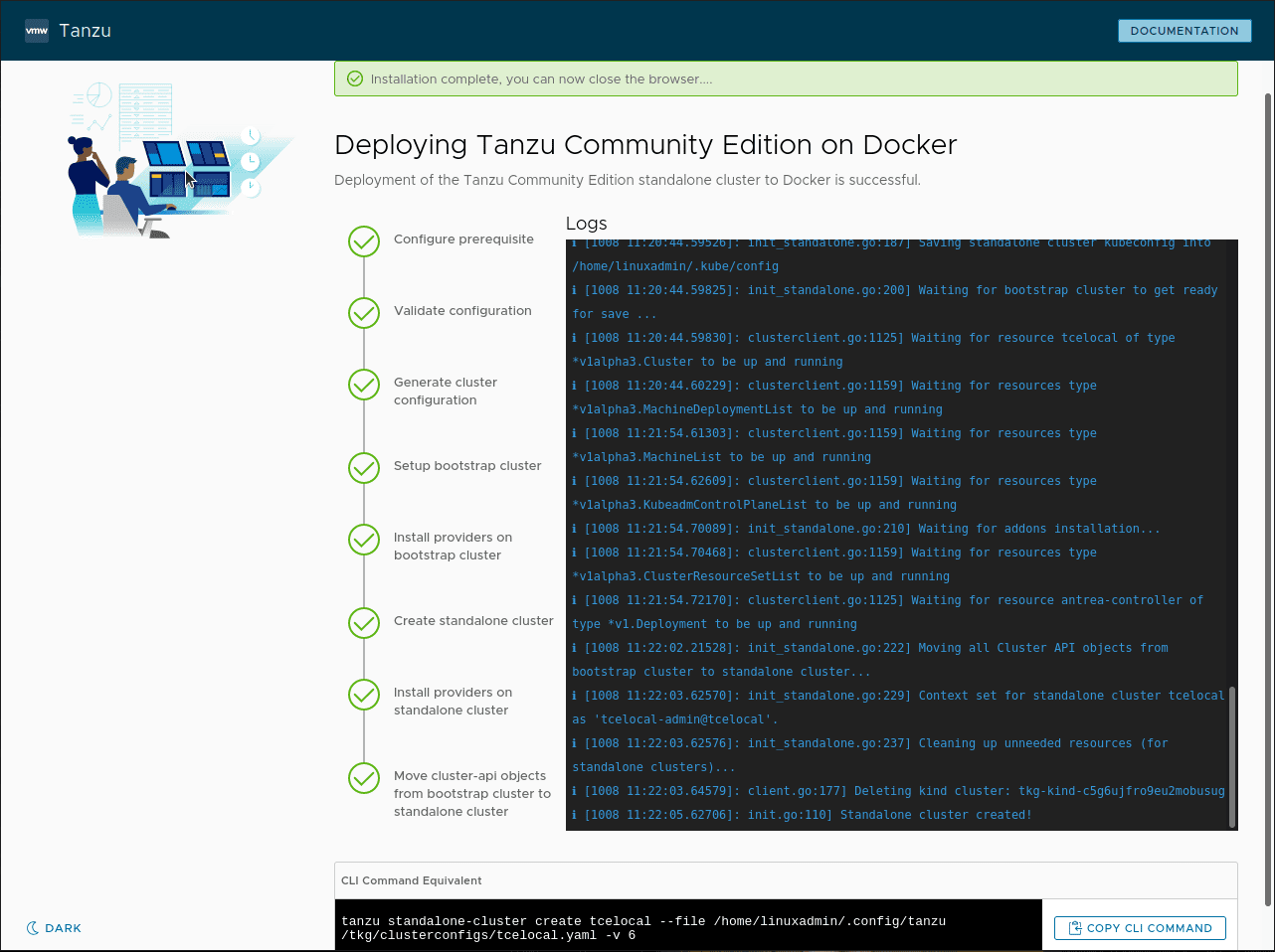 Tanzu Community Edition standalone cluster installation completes successfully