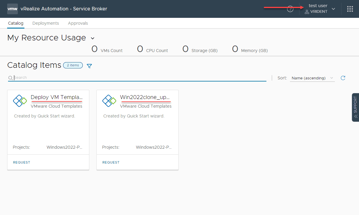 The Active Directory user now has access to the projects listed in the service broker catalog