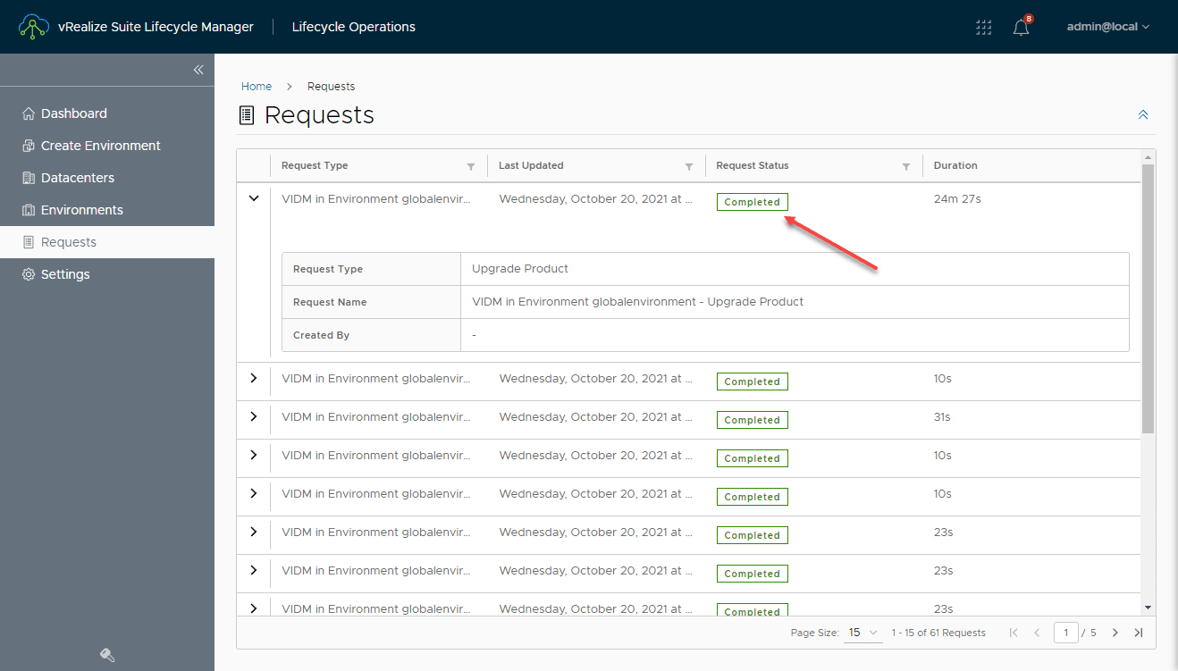 The VMware Identity Manager Upgrade request completes successfully
