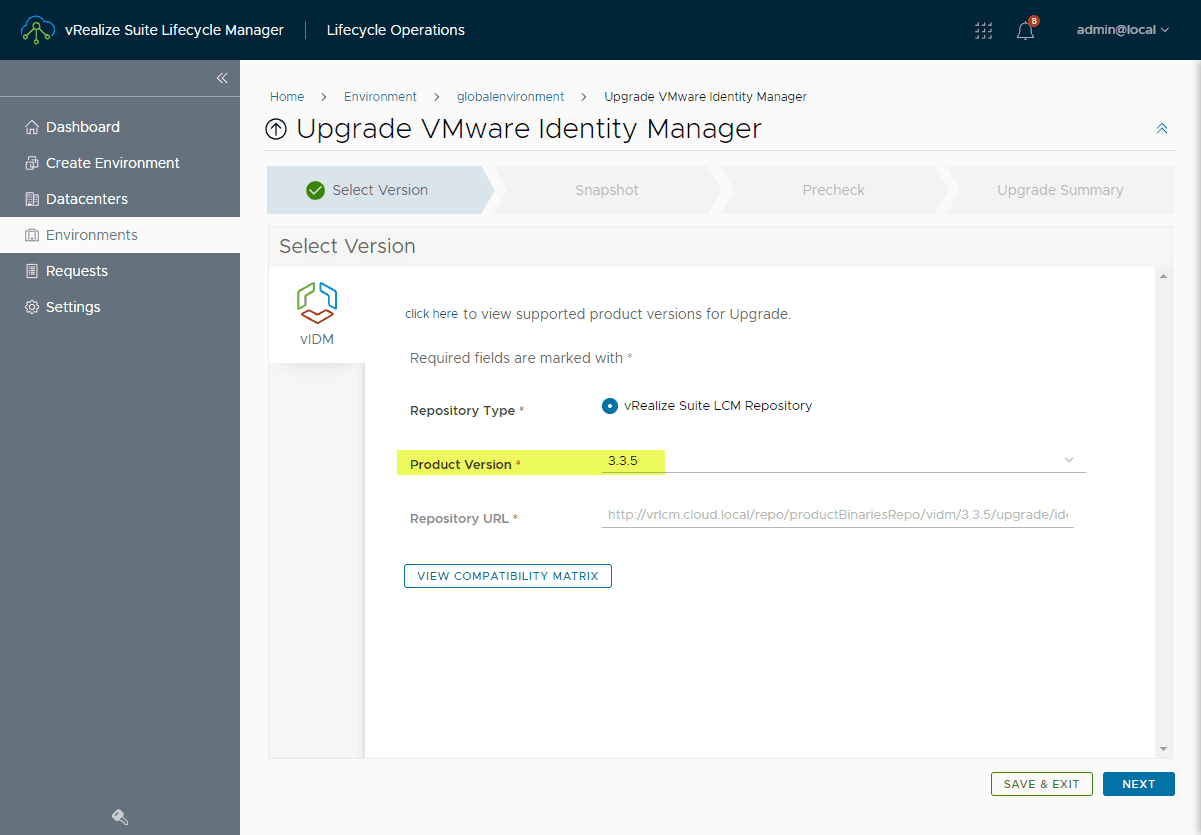 Upgrade VMware Identity Manager set product version