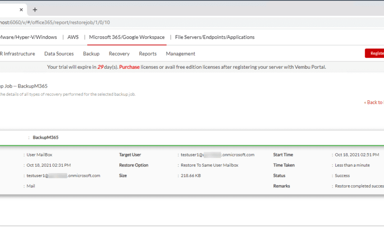 Viewing the Microsoft 365 recovery report once data has been recovered successfully