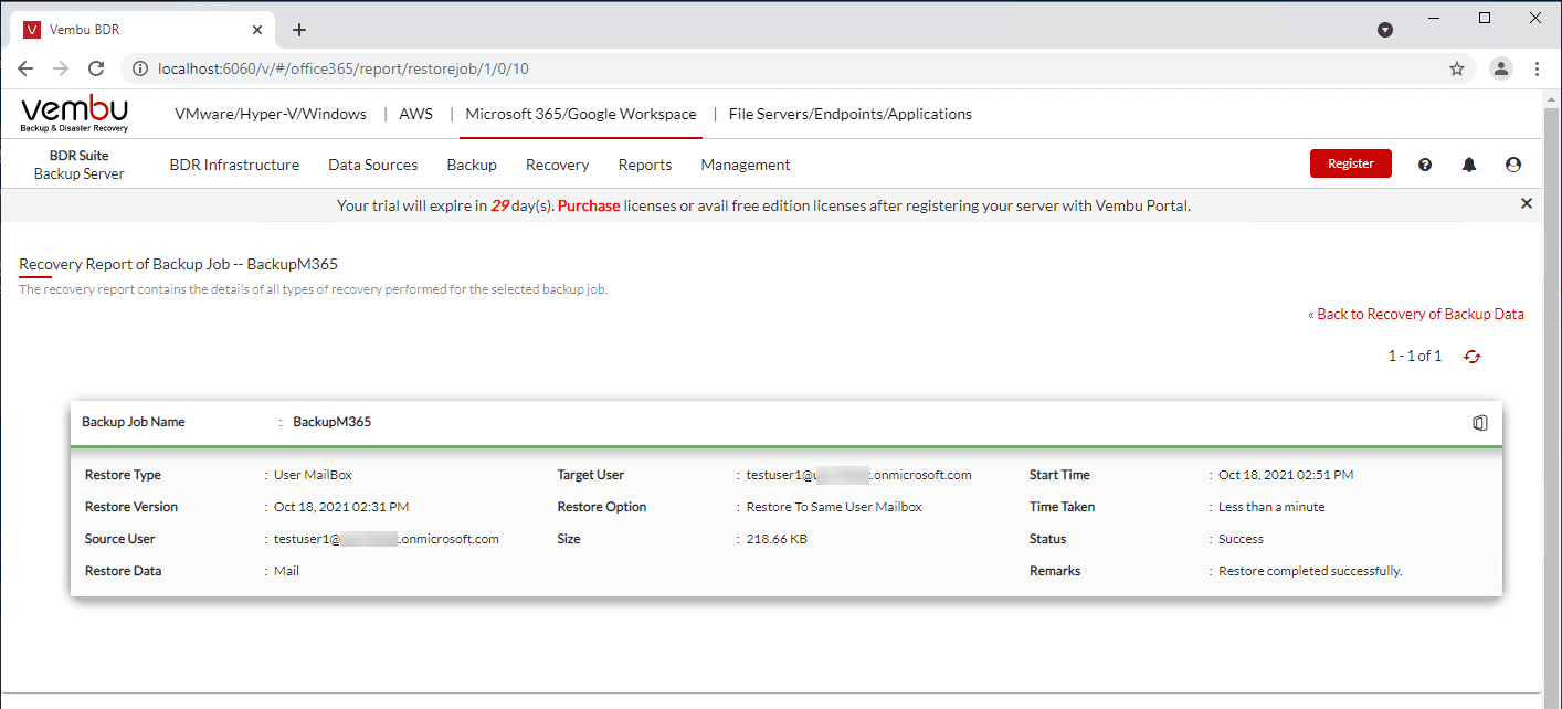 Viewing the Microsoft 365 recovery report once data has been recovered successfully