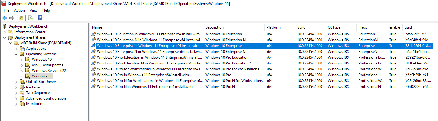 Viewing the imported Windows 11 images imported with the import process in MDT