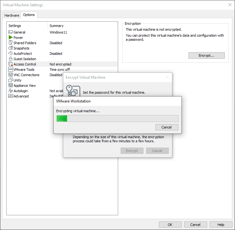 Windows 11 VM beginning to encrypt