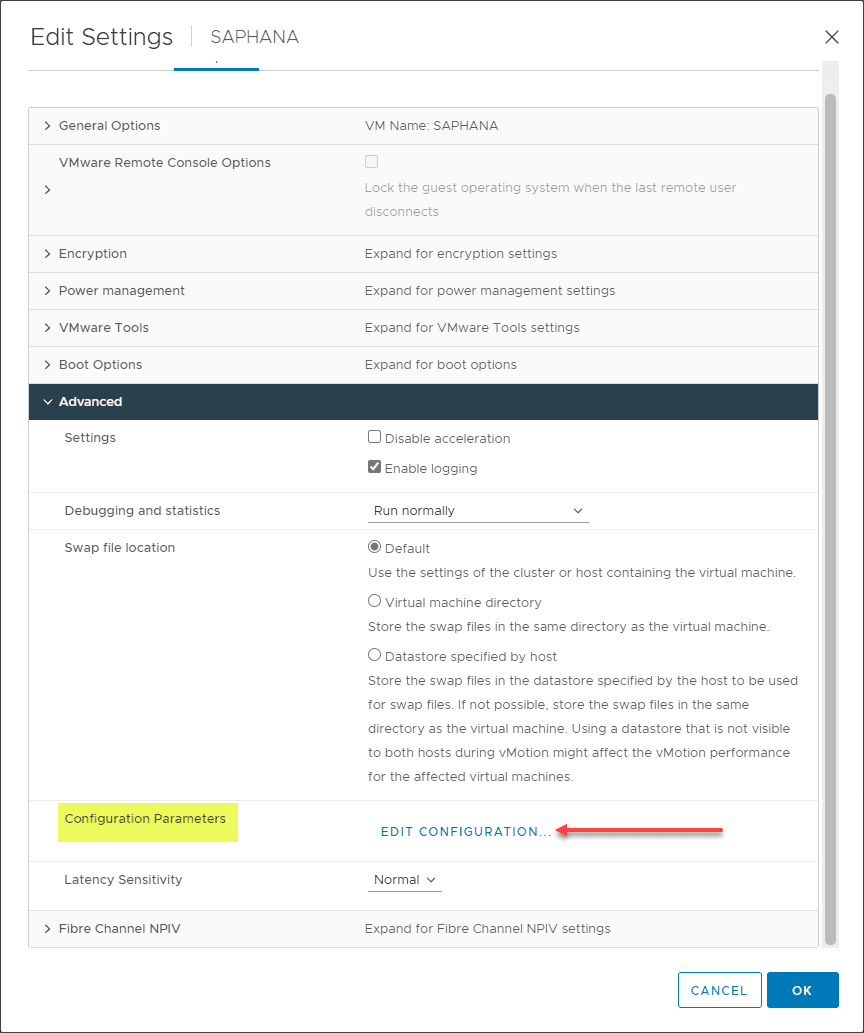 Changing the configuration parameters for a VM