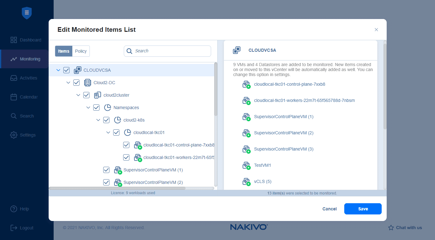 Edit the monitored items list