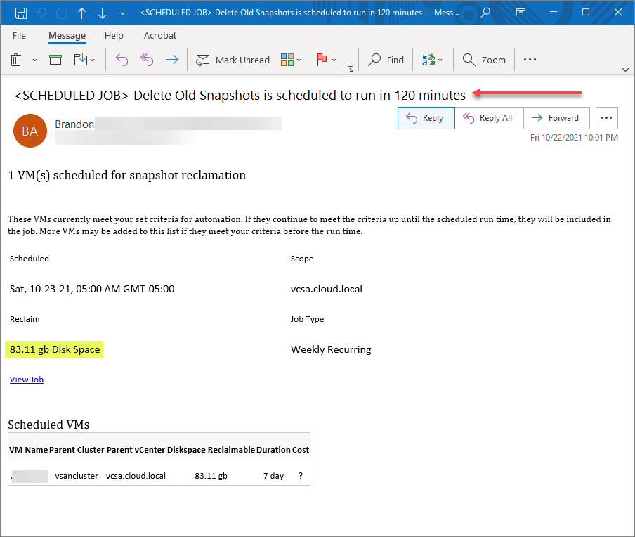 Email notification for automation central scheduled task to reclaim snapshot space