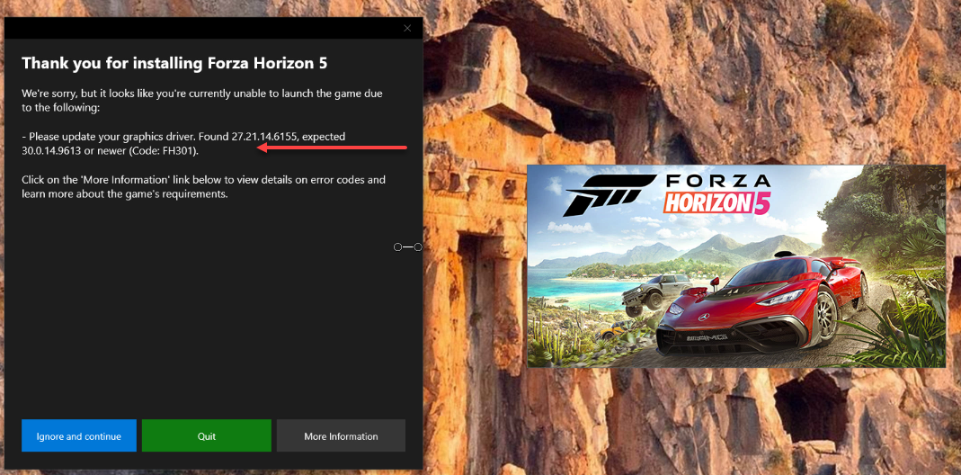 Forza Horizon 5 wont launch due to graphics driver being out of date