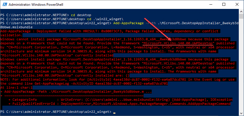 Installing the MSXI bundle for winget directly in Windows Server 2022
