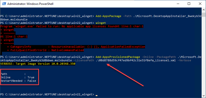 Installing winget package in Windows Server 2022 with the license path parameter
