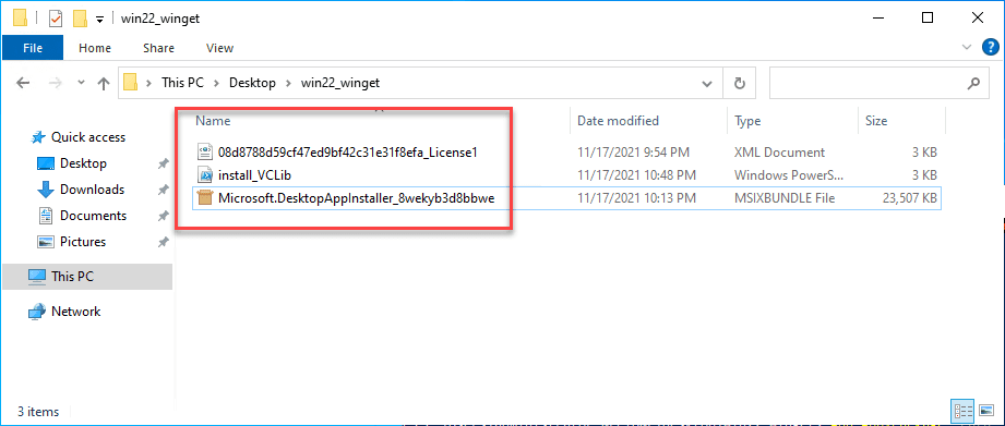 License file VCLib powershell script and the winget MSIXbundle file for installing winget