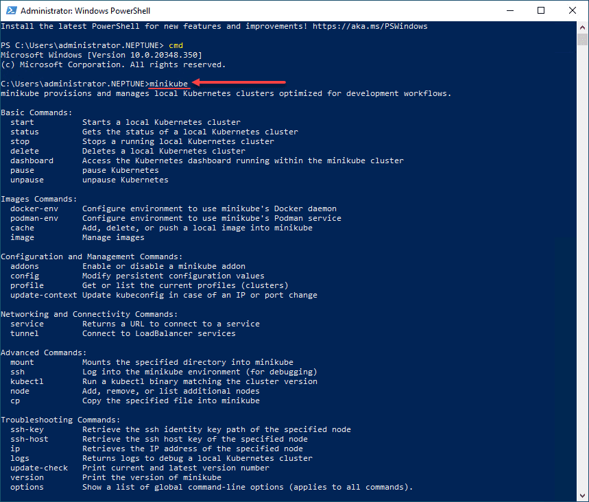 Minikube is installed successfully viewing the parameters