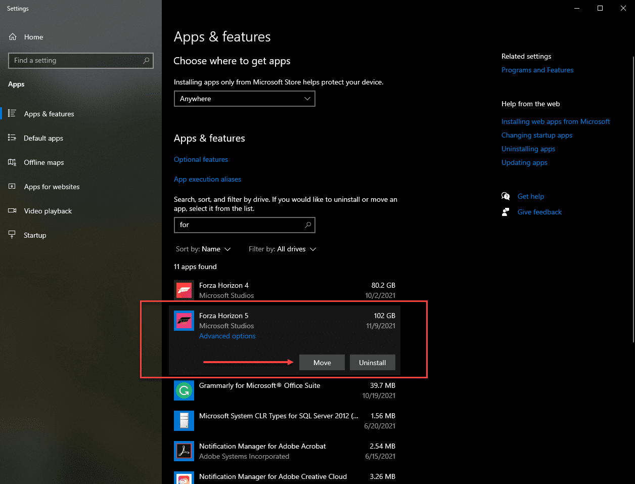 Moving Forza Horizon 5 in the apps settings