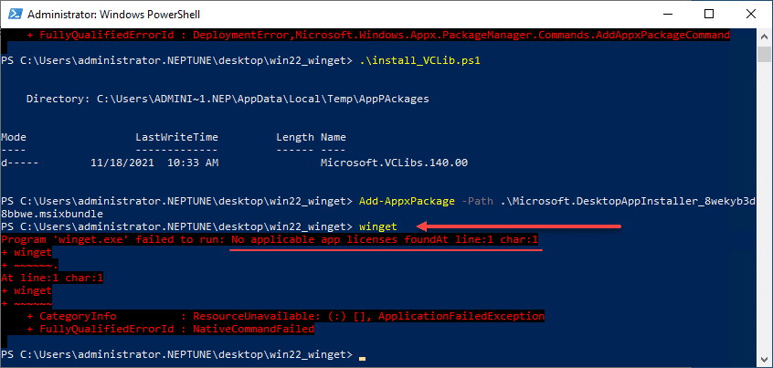 No applicable licenses found when running winget in Windows Server 2022