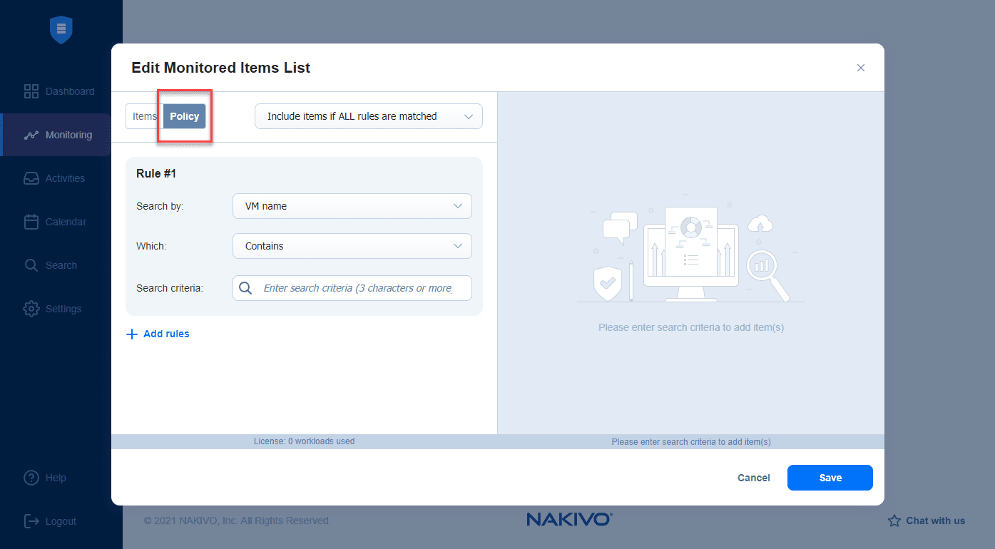 Policy driven rules for monitoring items