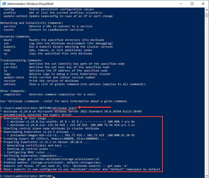 Start the Minikube cluster in Windows Server 2022