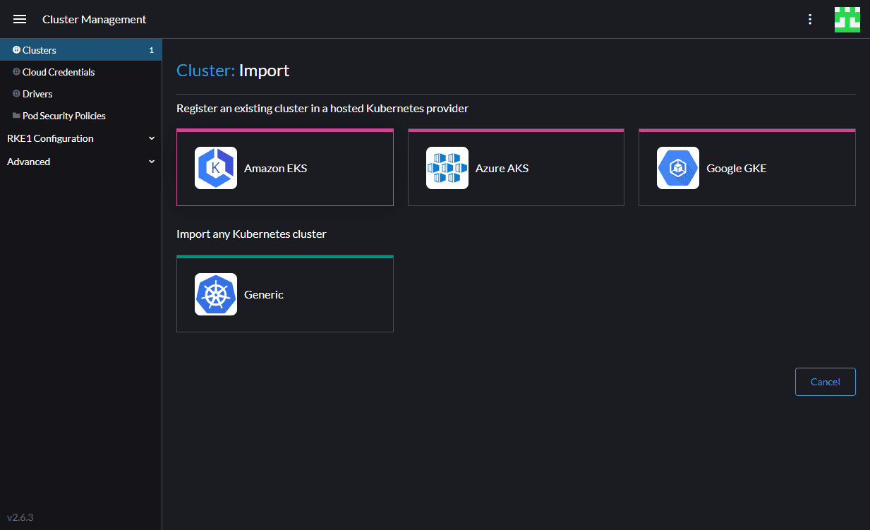 Choose the type of Kubernetes cluster to import using Rancher