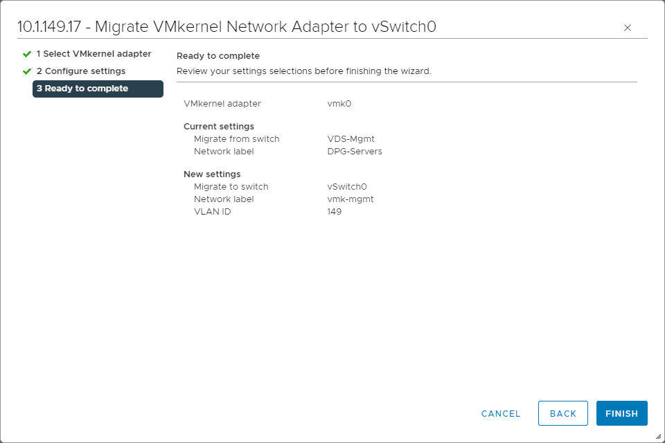 Complete the migration wizard from VDS to VSS for your management IP address