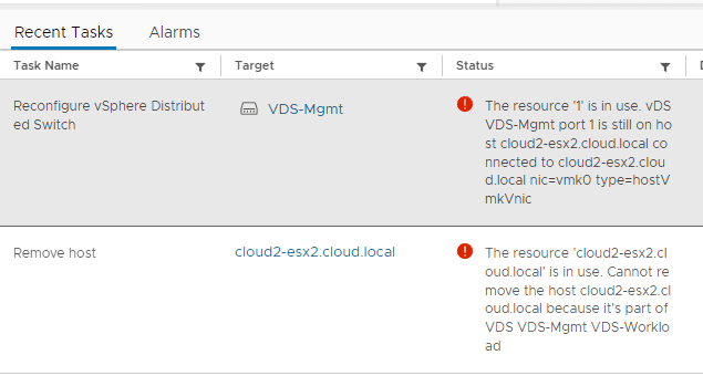 Errors with VDS resources in use