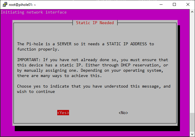 Message about static IP with Pihole