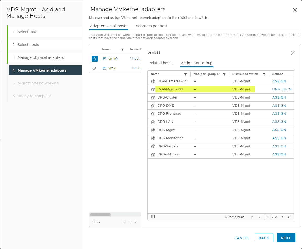 Migrate the Management VMkernel IP address from the VSS to the VDS