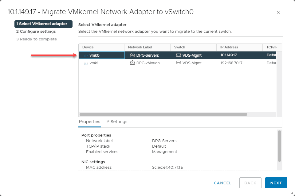 Migrate your VMkernel adapter from the vSphere Distributed Switch port group to a vSphere Standard Switch port group