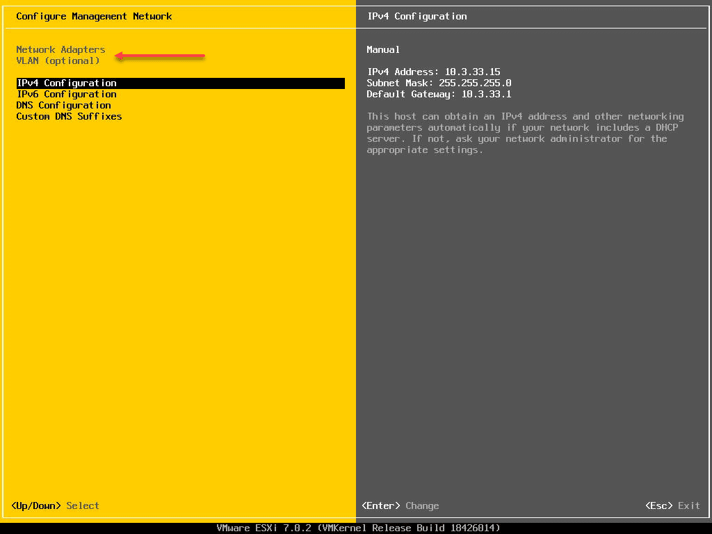 Network adapters and VLAN configuration options are greyed out