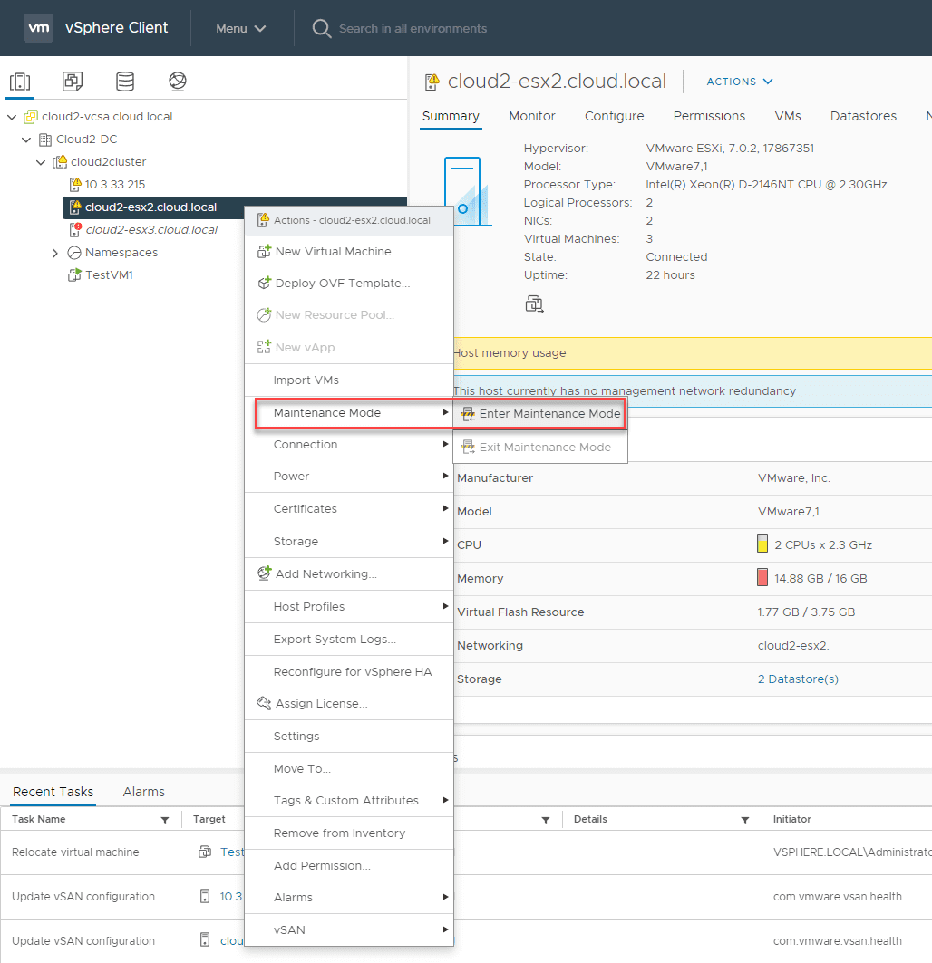 Place the VMware vSAN host in maintenance mode