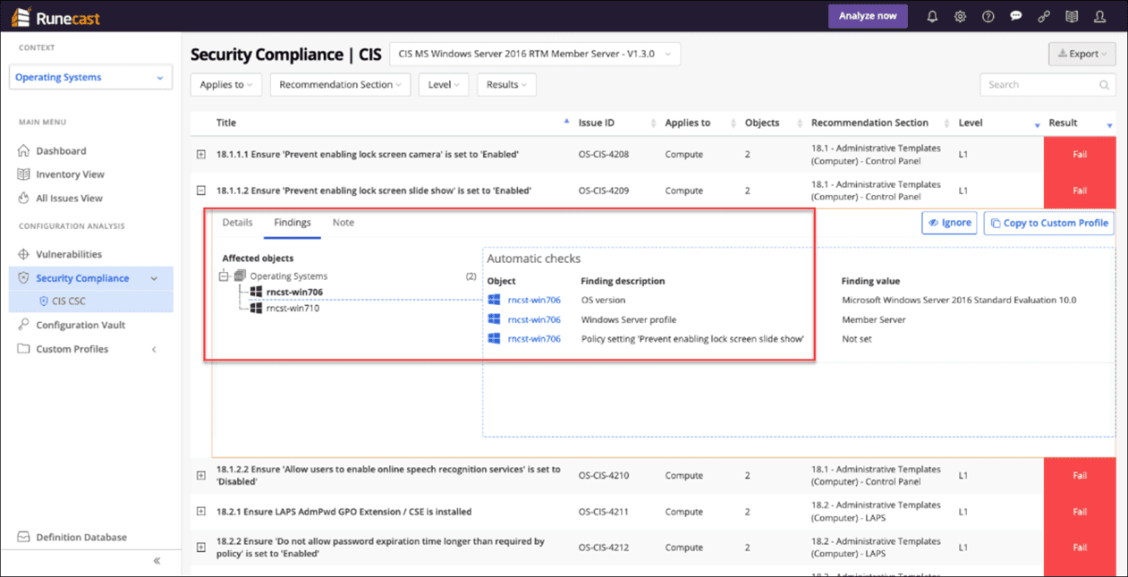 Runecast 6.0 Security Compliance dashboard