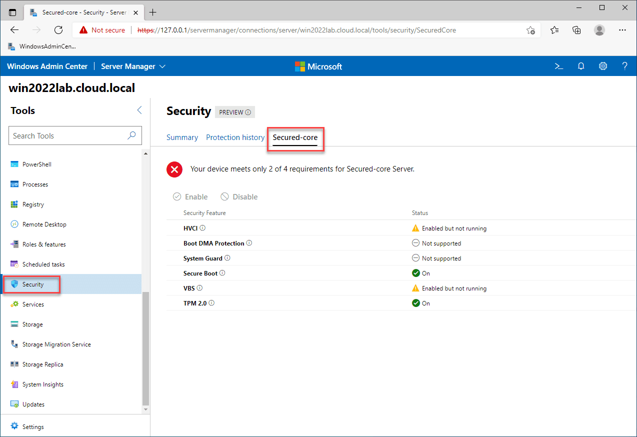 Secured Core Server configuration using Windows Admin Center