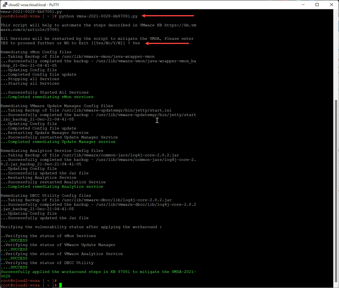 The VCSA Log4j patch remediation workaround Python script finishes successfully