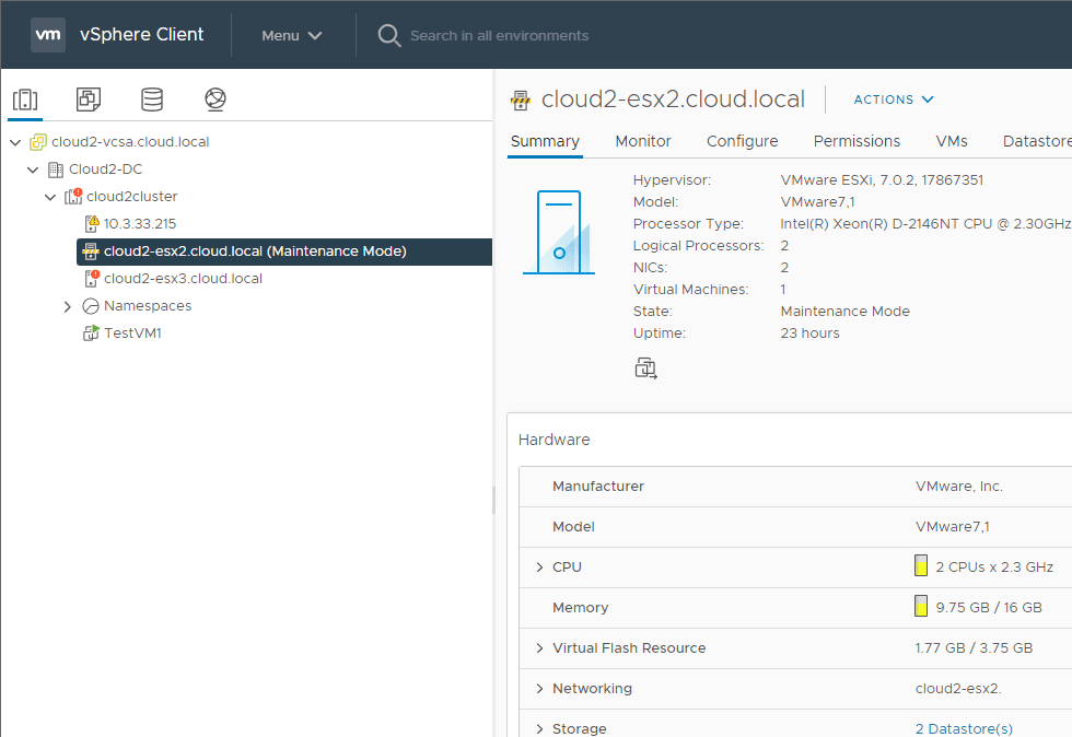 VMware vSAN host is successfully placed in maintenance mode