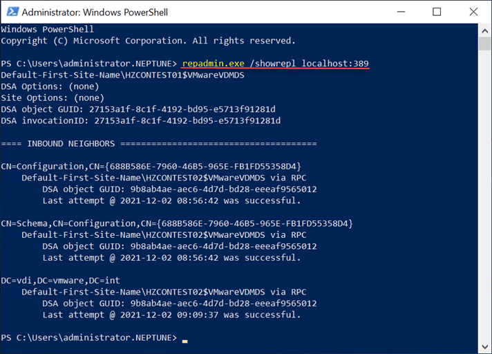 Verifying healthy LDAP replication before running the VMware Horizon 8 2111 upgrade