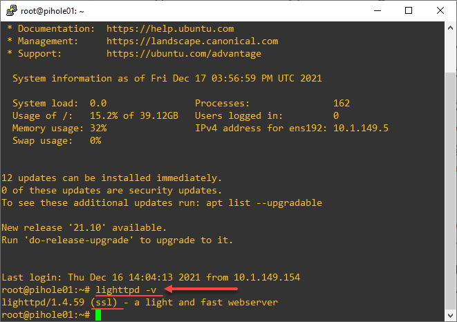 Viewing the version of Lighttpd server installed and verifying SSL