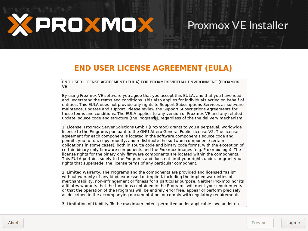 Accept the EULA for Proxmox VE 7.1