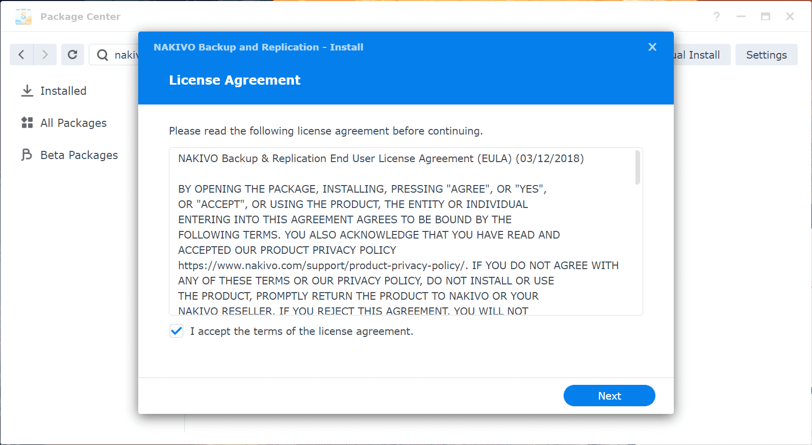 Accept the EULA for installing NAKIOV