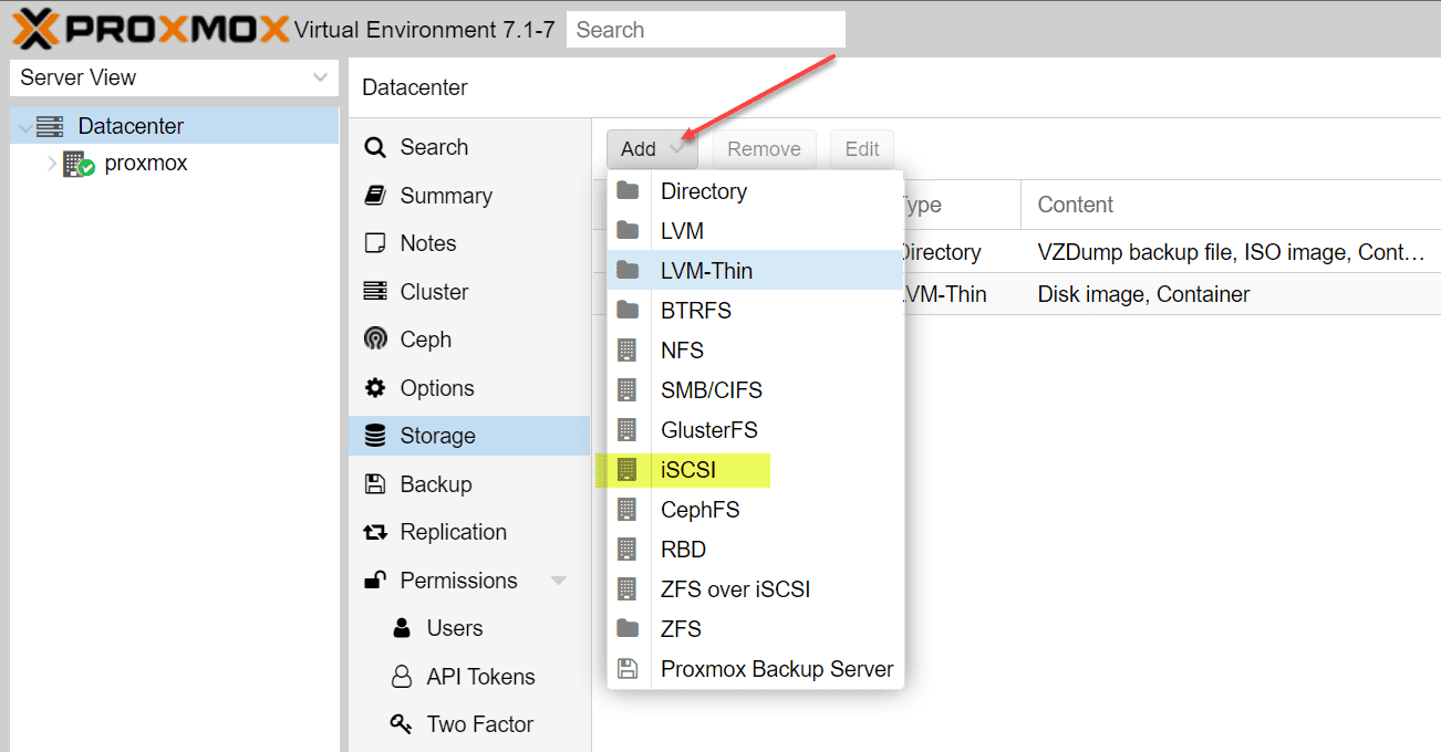 Add a new iSCSI target in Proxmox