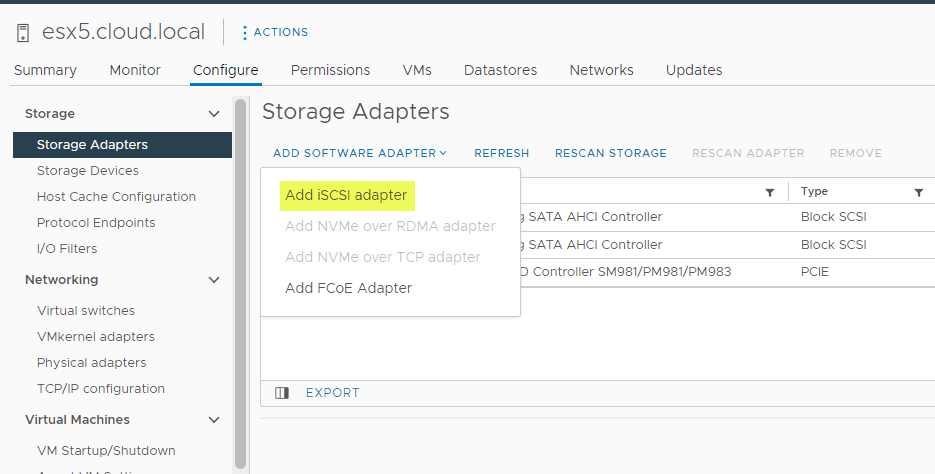 Add the iSCSI software adapter in ESXi
