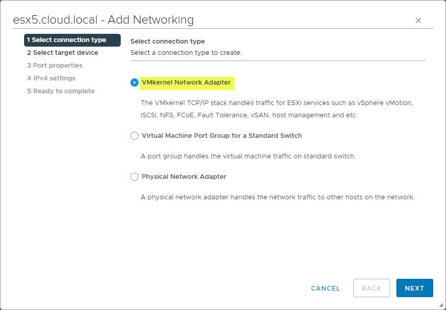 Adding and VMkernel network adapter in ESXi