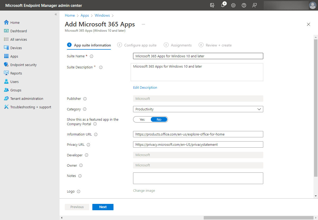 App suite information for the assigned app in AutoPilot