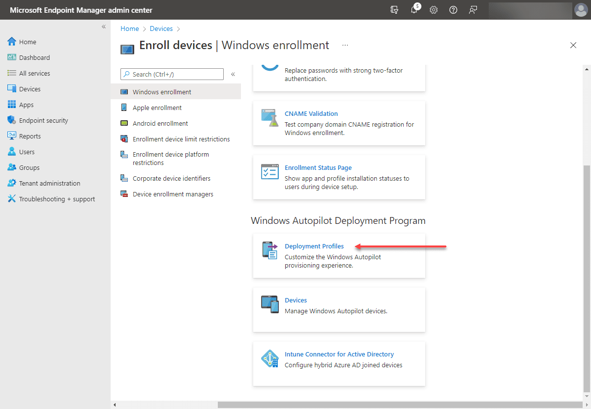 Beginning to create a deployment profile