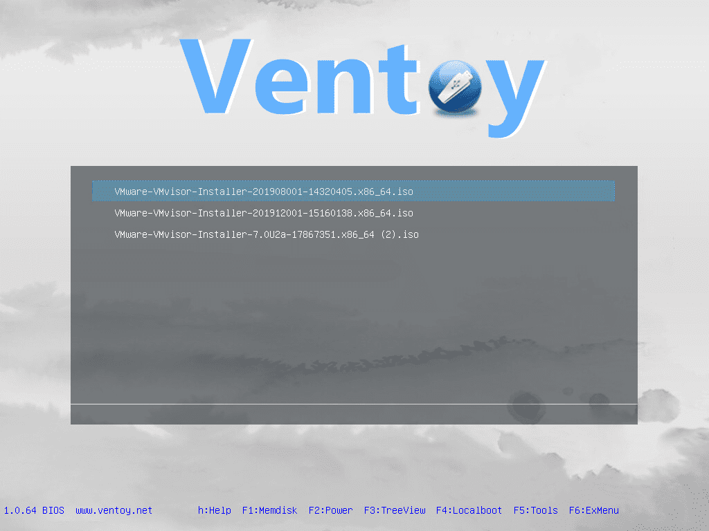 Booting the Ventoy prepared USB key