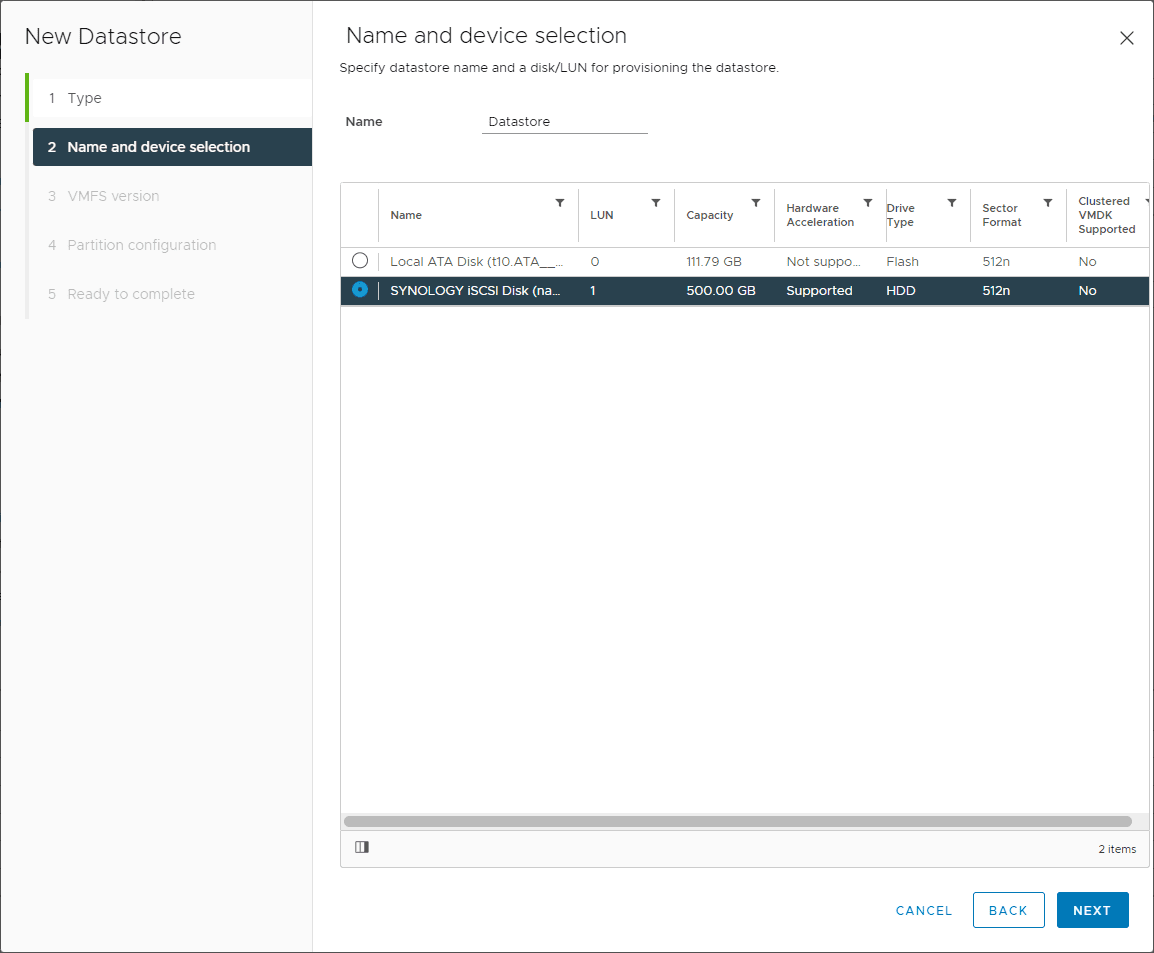 Choose the storage to add as a new datastore