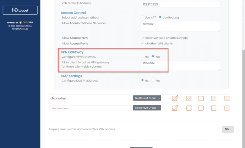 Configure VPN gateway option for an OpenVPN Access Server user