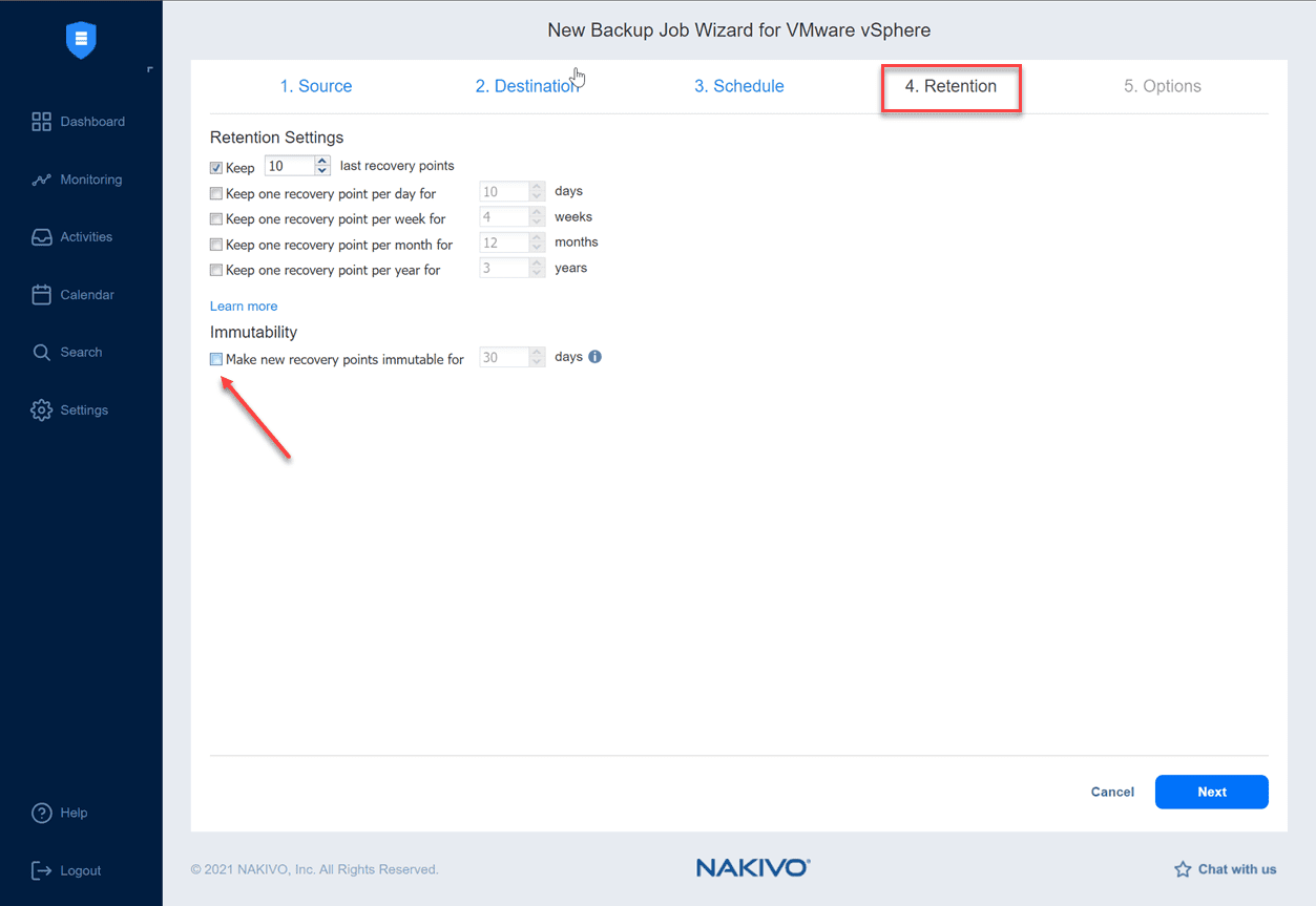 Configure retention settings for the backup job including immutability